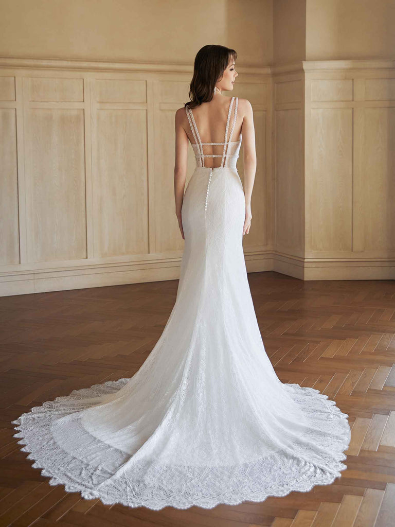 Sexy Mermaid V-neck Open Back Handmade Lace Wedding Dresses,WD797