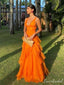 Sexy Orange A-line V-neck Long Party Prom Dresses To Impress,Evening Dress,13423