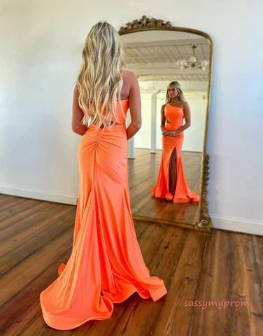 Sexy Orange Mermaid One Shoulder Side Slit Long Party Prom Dresses, Evening Dress,13166