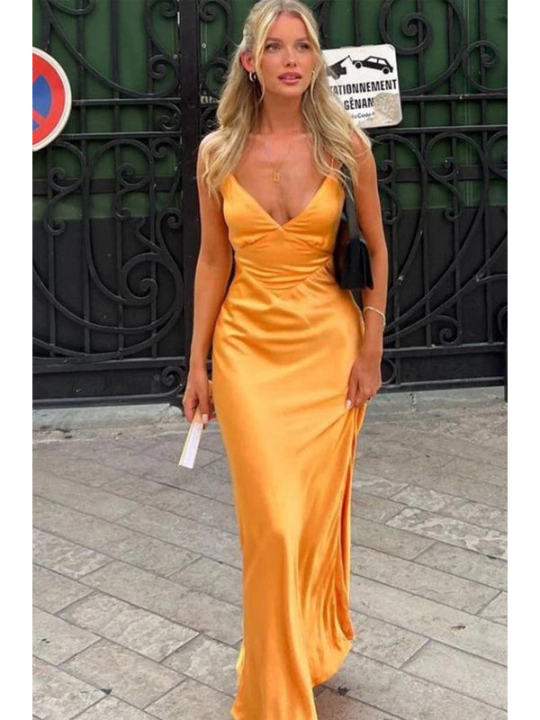 sexy orange prom dresses Orange Lace Mermaid Prom Dresses with Spaghetti Straps & V-Neck