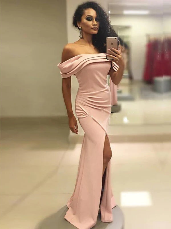 Sexy Pink Mermaid Off Shoulder Side Slit Maxi Long Party Prom Dresses, Evening Dress,13128