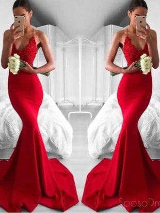Sexy Red Mermaid Lace Evening Prom Dresses, Popular Bright Red Party Prom Dresses, Custom Long Prom Dresses, Cheap Formal Prom Dresses, 17197
