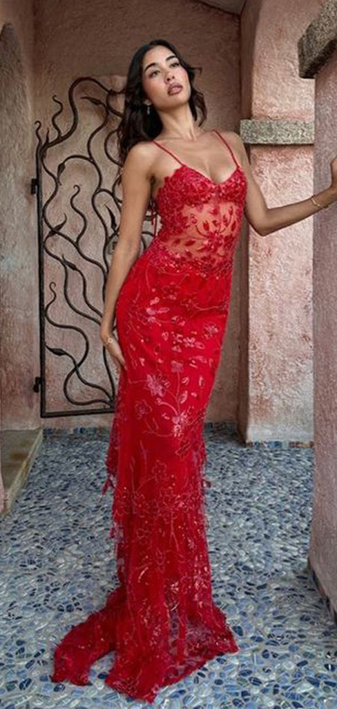 Sexy Red Mermaid Spaghetti Straps Maxi Long Lace Party Prom Dresses, Evening Dress,13206