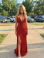 Sexy Red Sequin V-Neck Backless High Slit Evening Gown, 26003