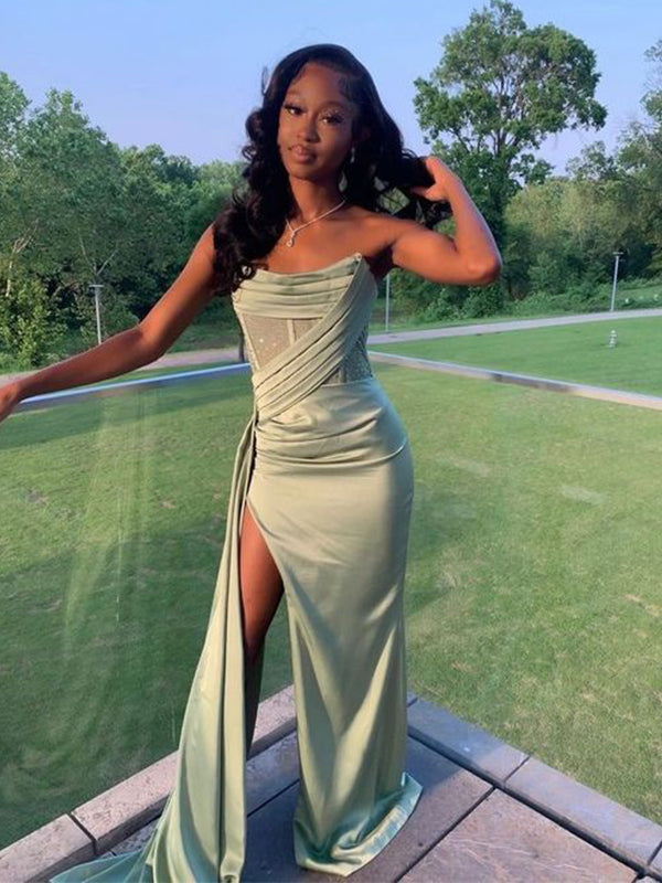 Sexy Sage Green Mermaid Side Slit Maxi Long Party Prom Dresses,Evening Dress,13280