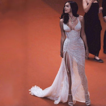 Sexy Sheath Spaghetti Straps High Slit Maxi Long Party Prom Dresses,13103