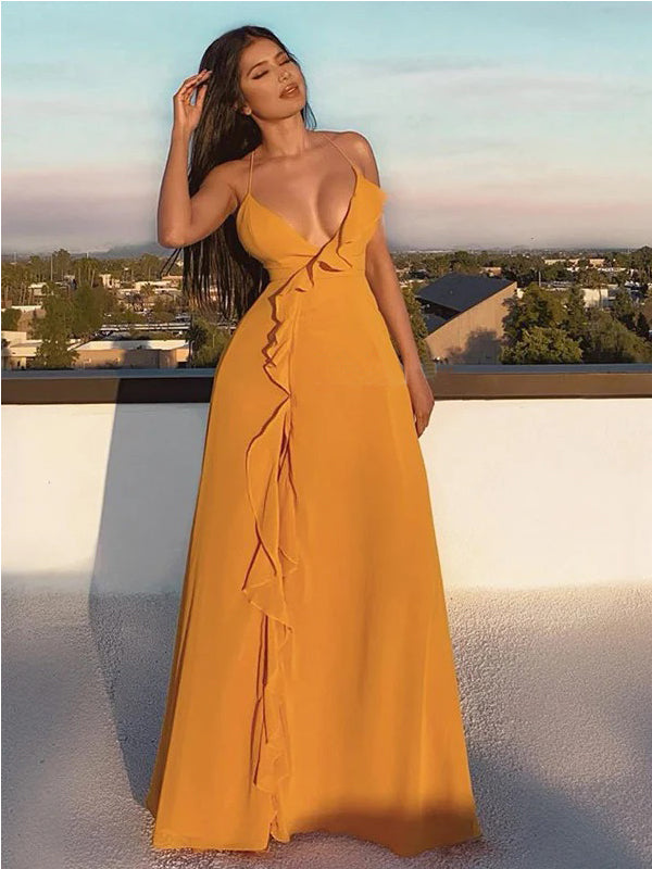 Sexy Yellow A-line Spaghetti Straps Maxi Long Party Prom Dresses, Evening Dress,13133