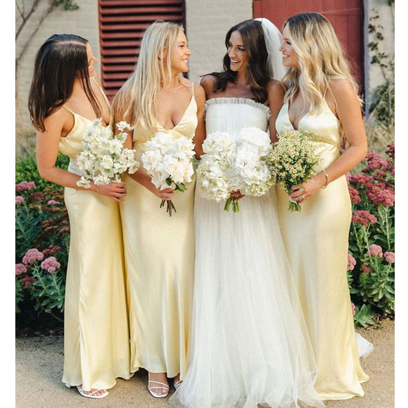 Simple Yellow Mermaid Spaghetti Straps Maxi Long Bridesmaid Dresses For Wedding Party,WG1599
