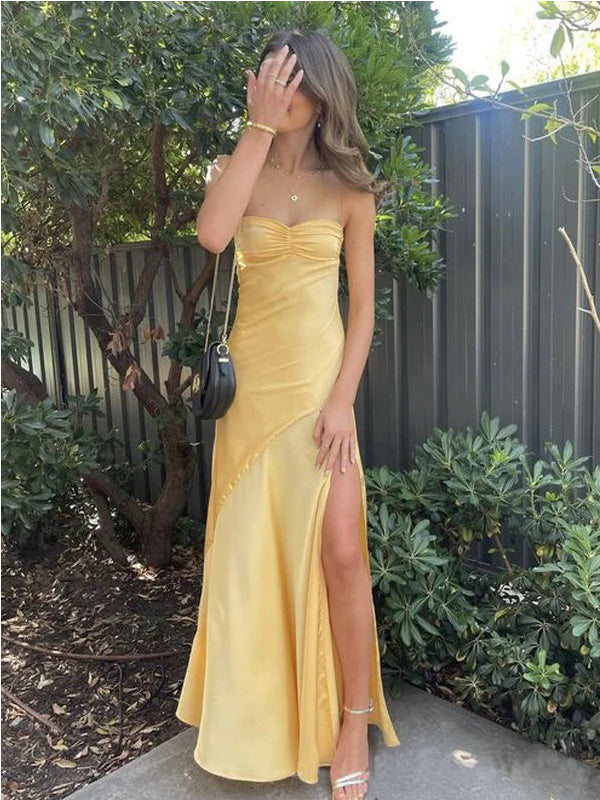Simple Yellow Sheath Side Slit Maxi Long Party Prom Dresses, Evening Dress,13138