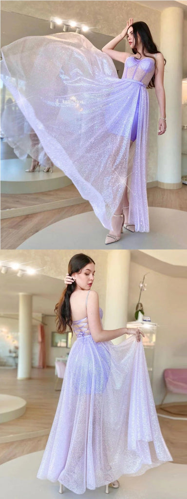 Sparkly A-line Spaghetti Straps High Slit Maxi Long Prom Dresses,13074