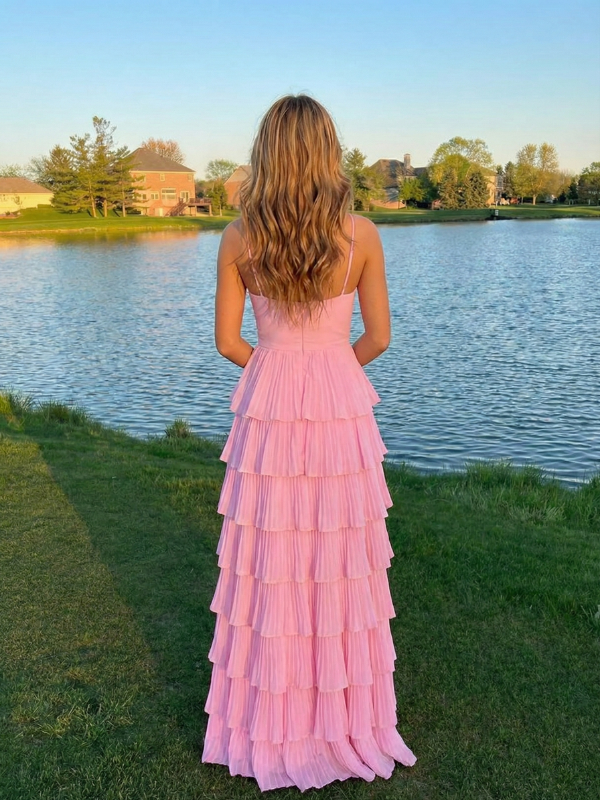 Sweet Pink Pleated Tiered Prom Dress Sweetheart Chiffon High Slit Gown, 26002
