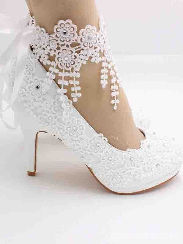 Women's Wedding Shoes Decorative White Lace Wedding Heels Bridal Shoes, H84