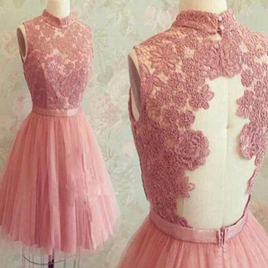 2017 popular dark pink lace high neck unique style charming freshman homecoming prom gown dress,BD0089