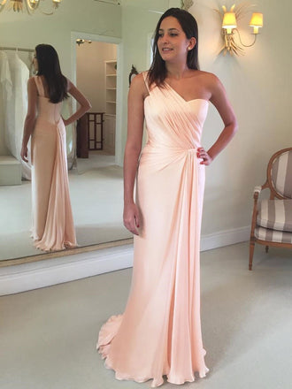 Blush Pink One Shoulder Mermaid Chiffon Custom Long Evening Prom Dresses, 17365
