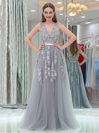 Gray Lace V Neckline Tulle Long Evening Prom Dresses, Popular Cheap Long Party Prom Dresses, 17265
