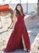 Popular Red V Neck Slit Custom Long Evening Prom Dresses, 17715