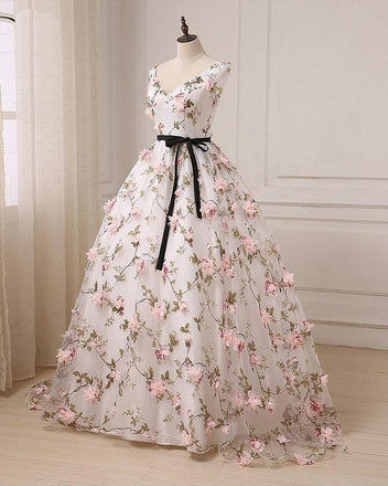 V Neck A line Lace Flower Long Evening Prom Dresses, 17553