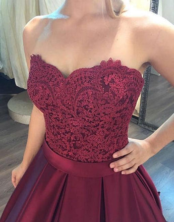 A line Dark Red Lace Bodice Long Evening Prom Dresses, Popular Cheap Long Party Prom Dresses, 17267