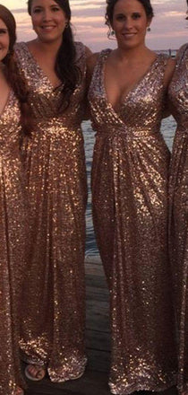 A-line Sequin V Neck Sleeveelsss Cheap Bridesmaid Dresses Online, WG829