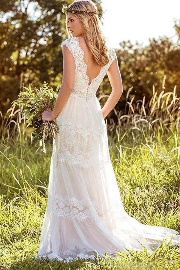 Backless Cap Sleeves Lace Cheap Wedding Dresses Online, Cheap Bridal Dresses, WD526