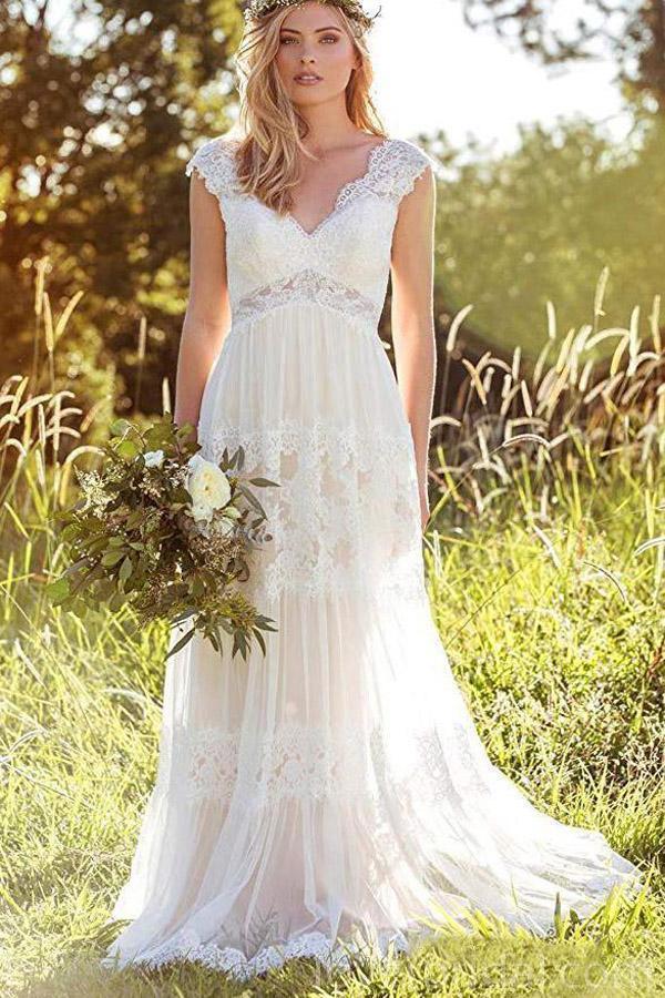 Backless Cap Sleeves Lace Cheap Wedding Dresses Online, Cheap Bridal Dresses, WD526