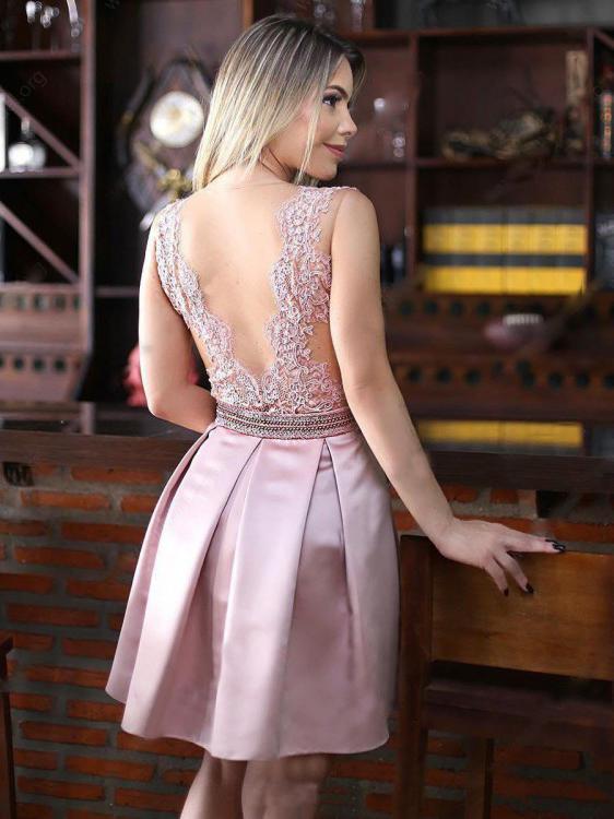 Backless See Through Pink Lace Cheap Short Homecoming Dresses Online, CM630