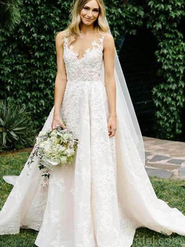 Bateau A-line Lace Cheap Long Wedding Dresses Online, Cheap Bridal Dre