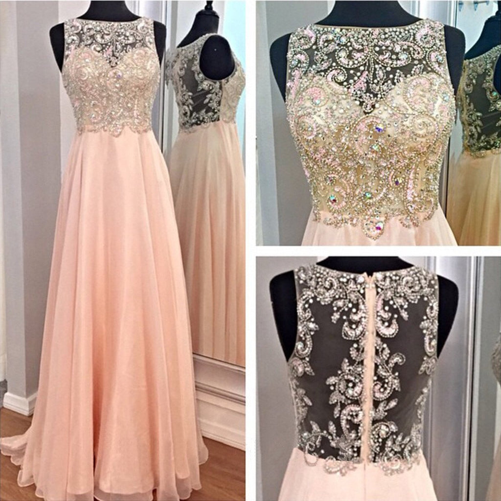 Beautiful Gorgeous Beading Formal Peach Scoop Neck Affordable Long Prom Dresses, WG246