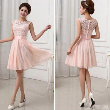 Beautiful Junior Blush Pink Lace Top Small Round Neck Short Knee-Length On Sale Wedding Bridesmaid Dresses, WG154
