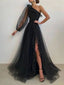 Black A-line One Shoulder Long Sleeves High Slit Prom Dresses Online,12468