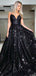 Black A-line Spaghetti Straps V-neck Backless Long Party Prom Dresses Online,12374