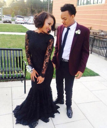 Black Mermaid Lace Long Sleeve Sexy Affordable Long Evening Party Prom Dress, WG269