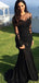 Black Mermaid Long Sleeves Jewel Party Prom Dresses, Prom Dresses With Sleeves,12346
