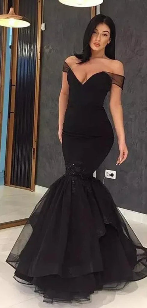 Black Mermaid Off Shoulder V-neck Party Prom Dresses, Cheap Prom Dresses 2021,12347