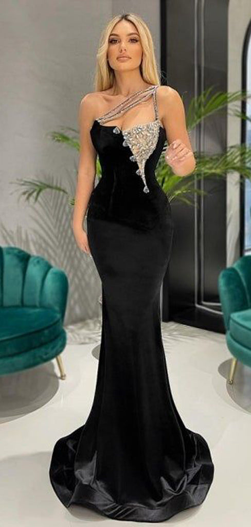 Black Mermaid One Shoulder Cheap Long Prom Dresses,Evening Party Dresses,12740