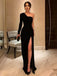 Black Mermaid One Shoulder Long Sleeves High Slit Prom Dresses Online,12533