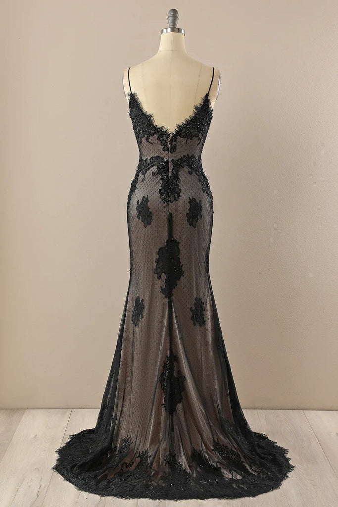 Black Mermaid Spaghetti Straps V-neck Cheap Long Prom Dresses,12800