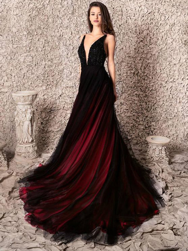 Black Red A-line Deep V-veck Cheap Long Prom Dresses Online,12756 LoverBridal Black Red A-line Deep V-veck Cheap Long Prom Dresses Online,12756 LoverBridal