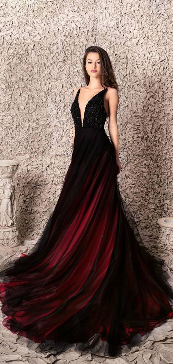 Black Red A-line Deep V-veck Cheap Long Prom Dresses Online,12756 LoverBridal Black Red A-line Deep V-veck Cheap Long Prom Dresses Online,12756 LoverBridal