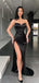 Black Sheath Spaghetti Straps High Slit Cheap Long Prom Dresses Online,12691