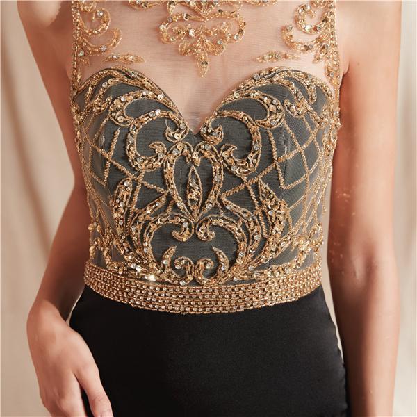 Black Skirt Gold Beaded Side Slit Sexy Mermaid Evening Prom Dresses, Evening Party Prom Dresses, 12069