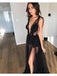 Black Straps V-neck High Slit See Through A-line Long Evening Party Prom Dresses, Dance Dresses 2021,Prom Dresses Stores,12336