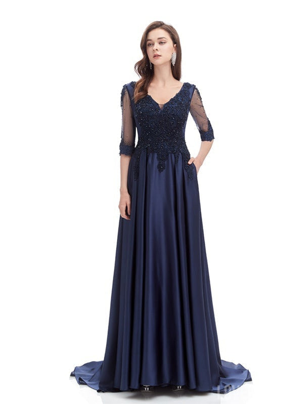 Blue A-line Half Sleeves V-neck Long Prom Dresses Online,Evening Party Dresses,12586