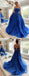 Blue A-line Spaghetti Straps Backless Long Prom Dresses Online,12546