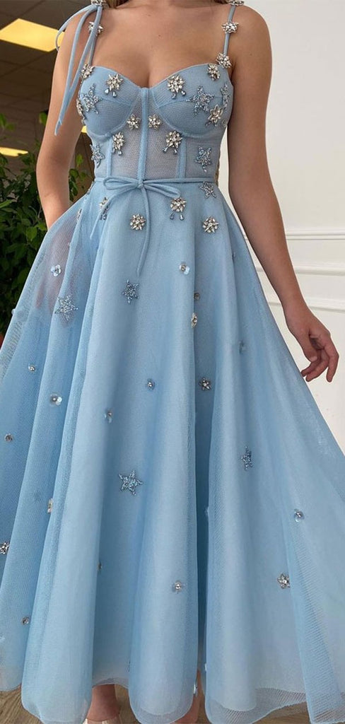Blue A-line Spaghetti Straps Cheap Long Prom Dresses Online,Dance Dresses,12409