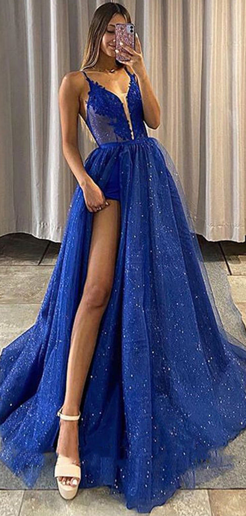 Blue A-line Spaghetti Straps High Slit Maxi Long Prom Dresses,Evening Dresses,12957