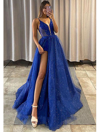 Blue A-line Spaghetti Straps High Slit Maxi Long Prom Dresses,Evening Dresses,12957