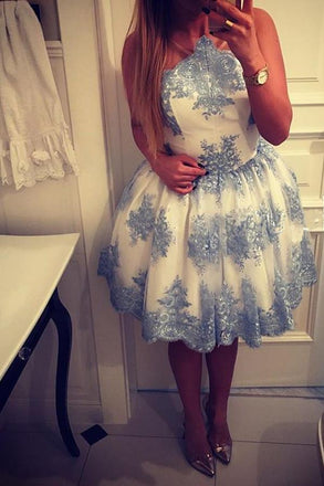 Blue Lace Sexy See Through Back Short Homecoming Prom Dresses, Affordable Short Party Prom Sweet 16 Dresses, Perfect Homecoming Cocktail Dresses, CM368
