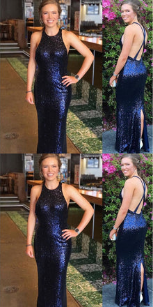 Blue Mermaid Halter Backless Side Slit Cheap Bridesmaid Dresses,WG1385