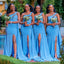 Blue Mermaid One Shoulder High Slit Cheap Long Bridesmaid Dresses,WG1361